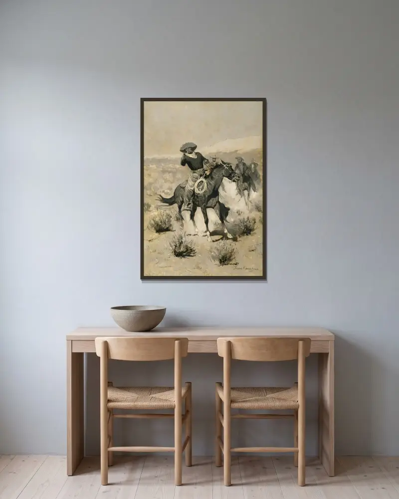 Dagar på prärien ('Händerna upp!') av Frederic Remington inramad på en vägg
