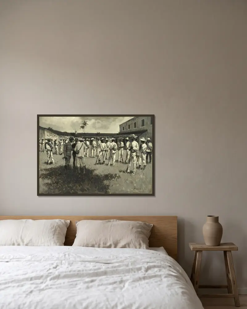 Disbanding Gomez’ Army av Frederic Remington inramad på en vägg