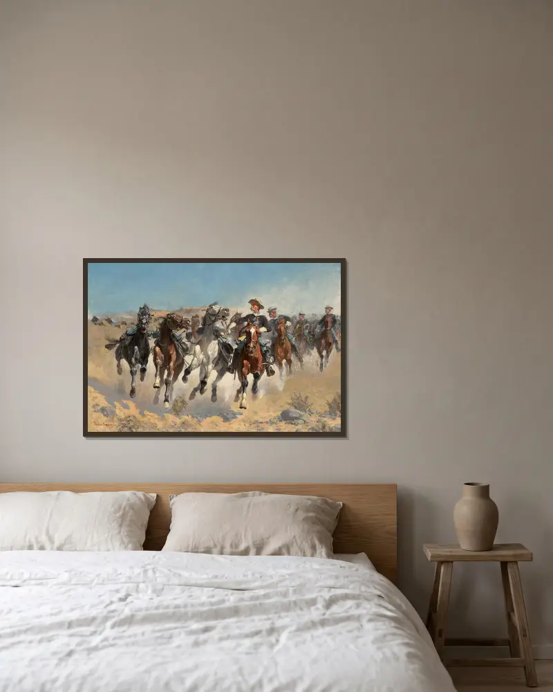 Abgesessen, die vierte Schwadron führt die Handpferde von Frederic Remington gerahmt an einer Wand