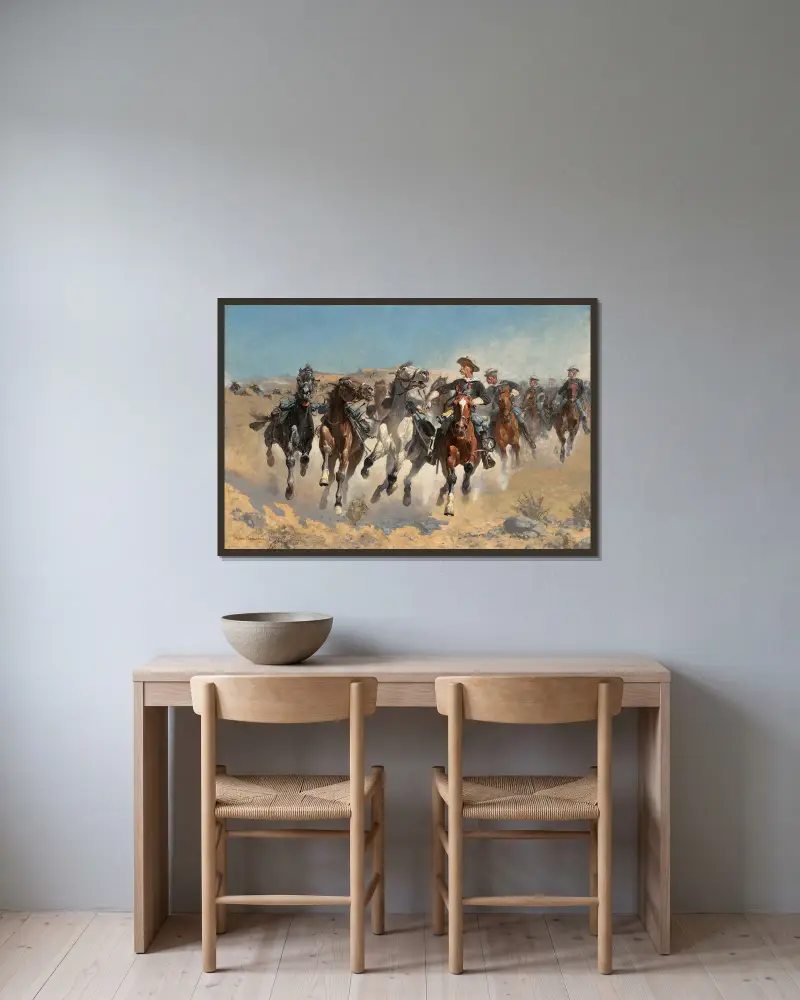 Abgesessen, die vierte Schwadron führt die Handpferde von Frederic Remington gerahmt an einer Wand
