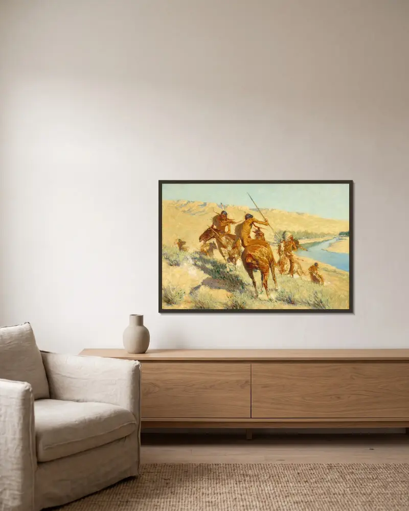 Episode of the Buffalo Gun av Frederic Remington inramad på en vägg