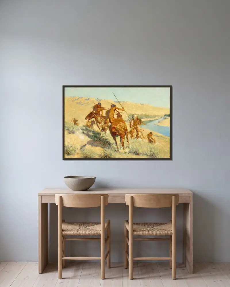 Episode of the Buffalo Gun av Frederic Remington inramad på en vägg