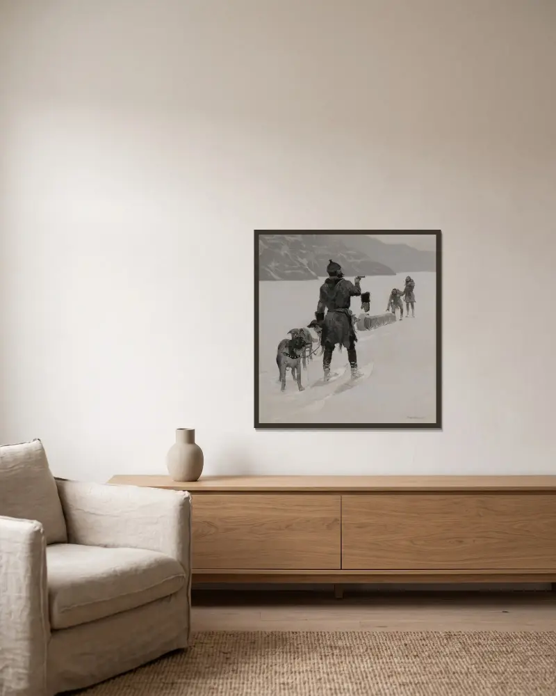 Hands Off av Frederic Remington inramad på en vägg