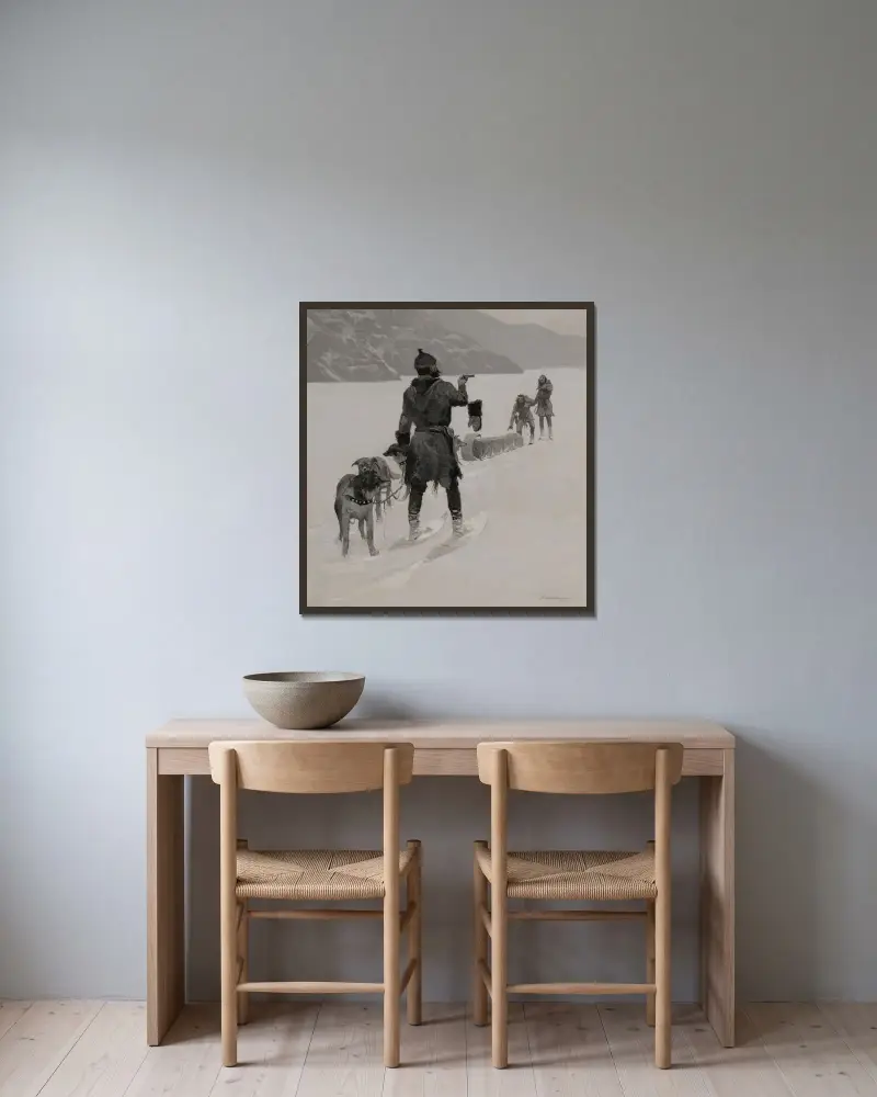 Hands Off av Frederic Remington inramad på en vägg