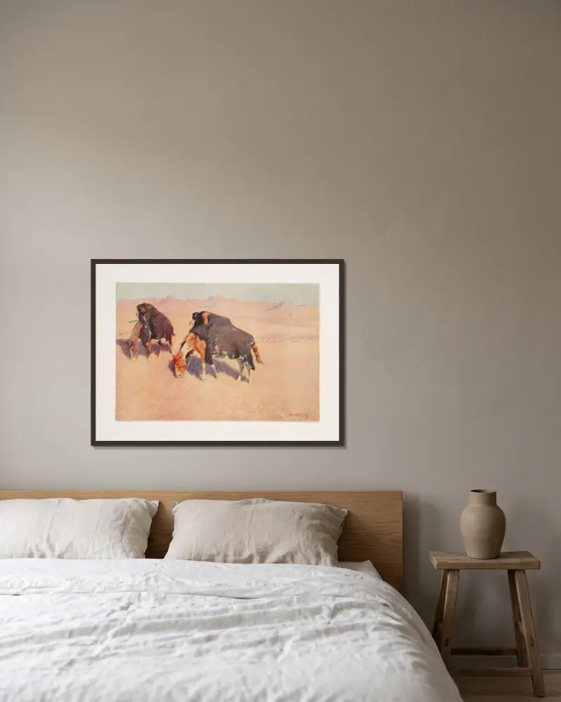 Indianer som imiterar bufflar av Frederic Remington inramad på en vägg