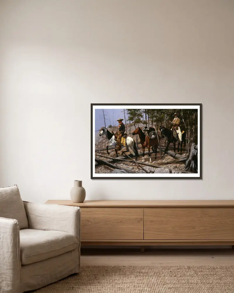 Průzkum pastvin pro dobytek, Frederic Remington v rámu na stěně