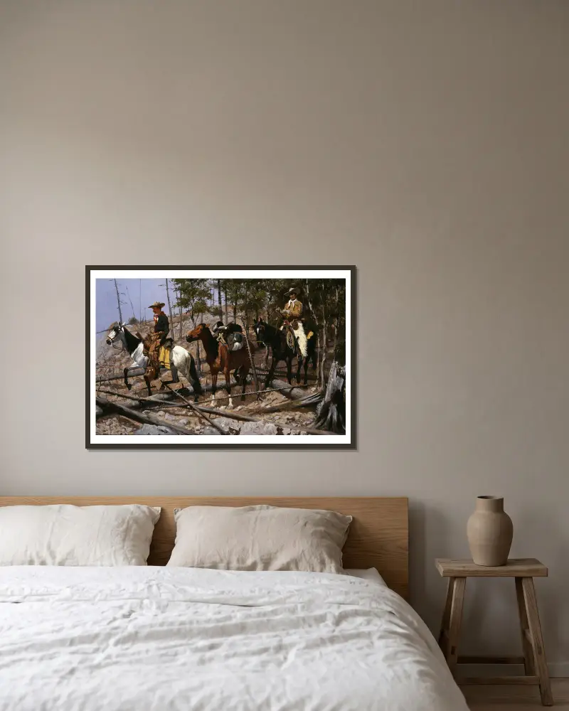 Průzkum pastvin pro dobytek, Frederic Remington v rámu na stěně