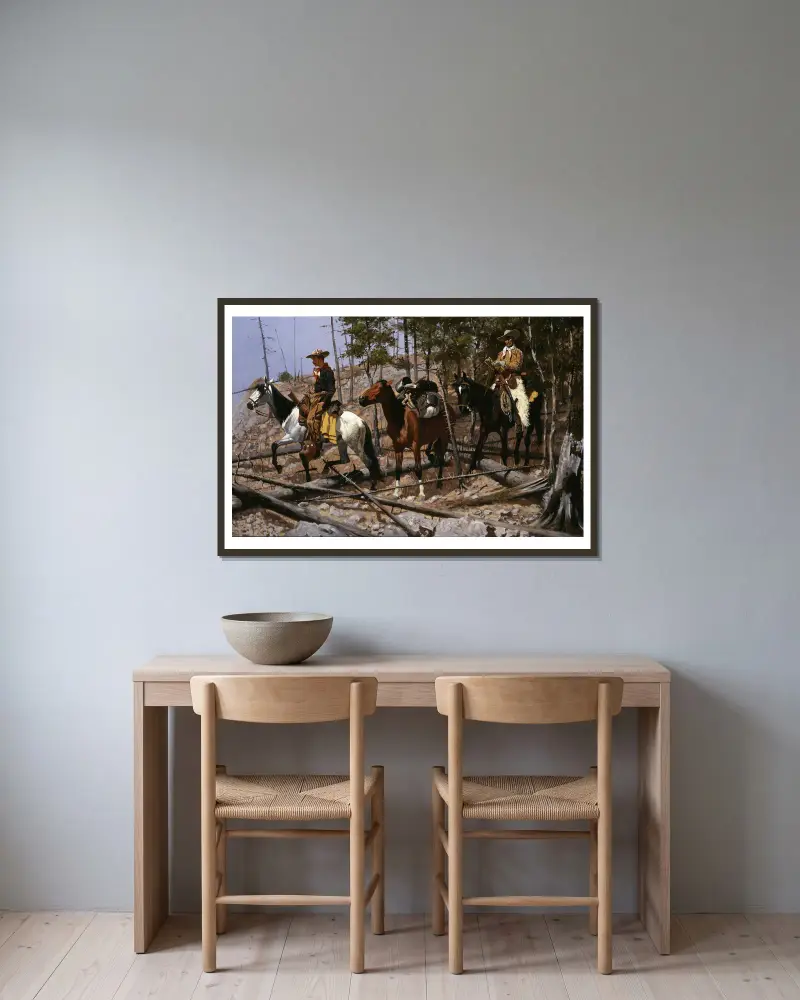 Průzkum pastvin pro dobytek, Frederic Remington v rámu na stěně