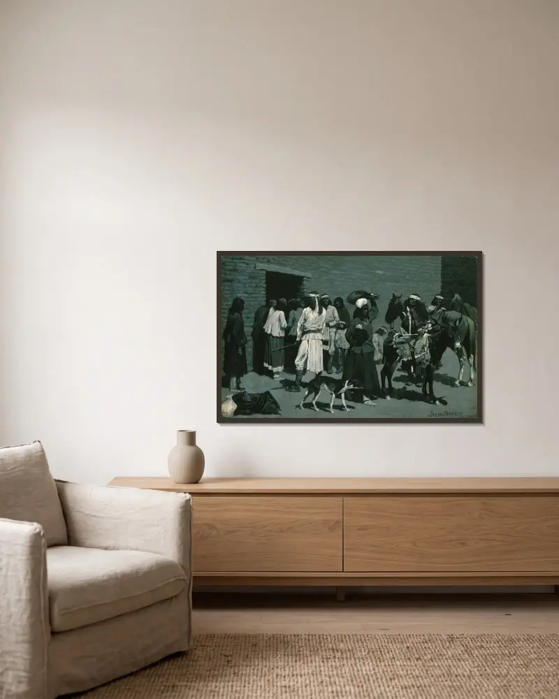 Pueblo-indianby av Frederic Remington inramad på en vägg