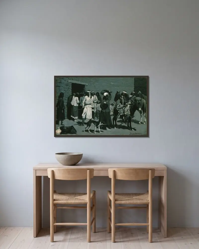 Pueblo-indianby av Frederic Remington inramad på en vägg
