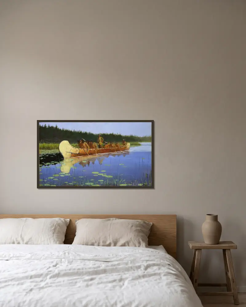 Radisson and Groseilliers av Frederic Remington inramad på en vägg