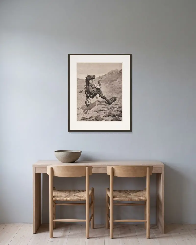 Överfallet på posteringen av Frederic Remington inramad på en vägg