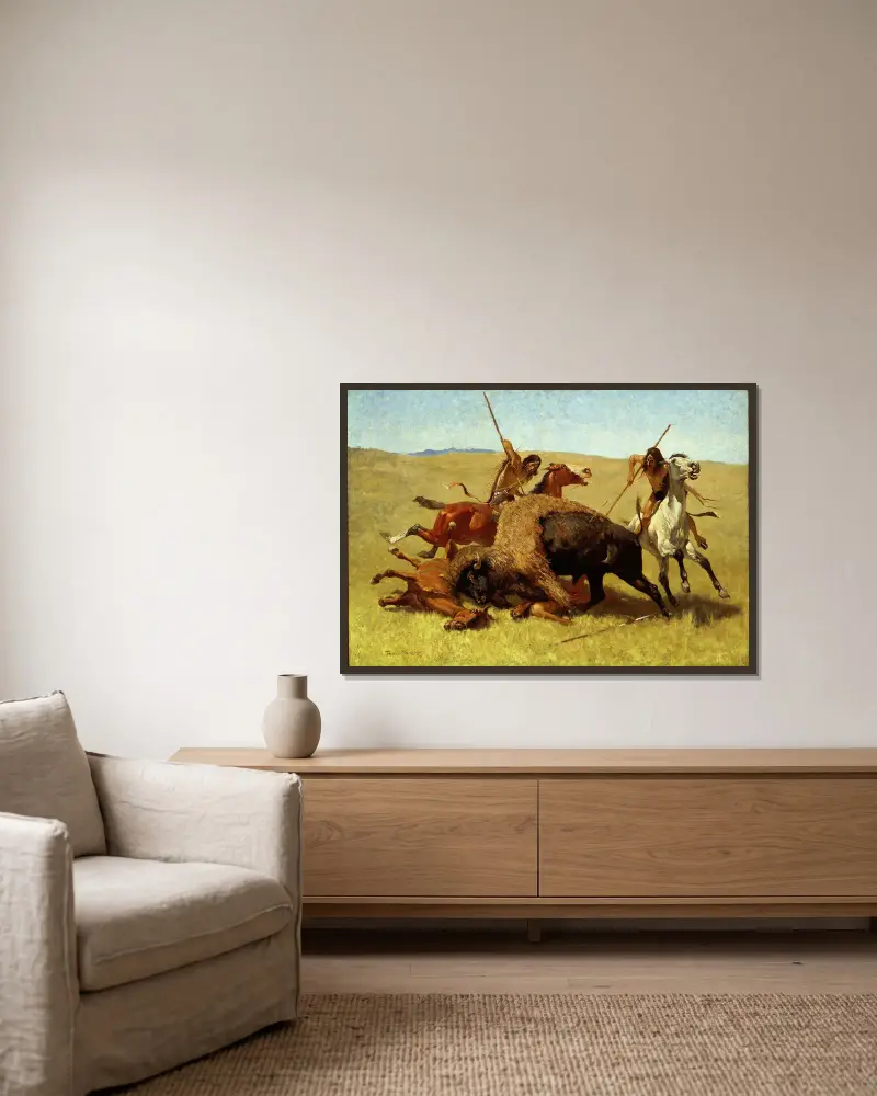 Buffalo Hunt, Frederic Remington v rámu na stěně