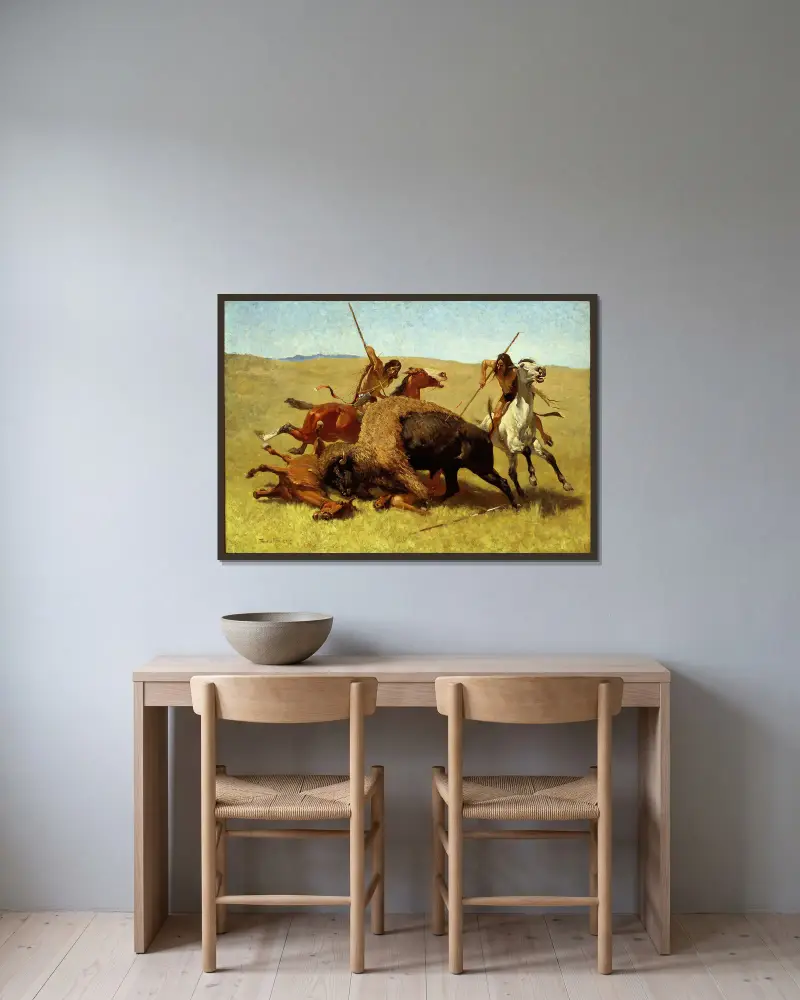 Buffalo Hunt, Frederic Remington v rámu na stěně