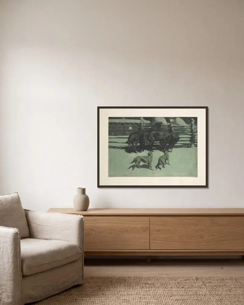 Ropet på hjälp av Frederic Remington inramad på en vägg
