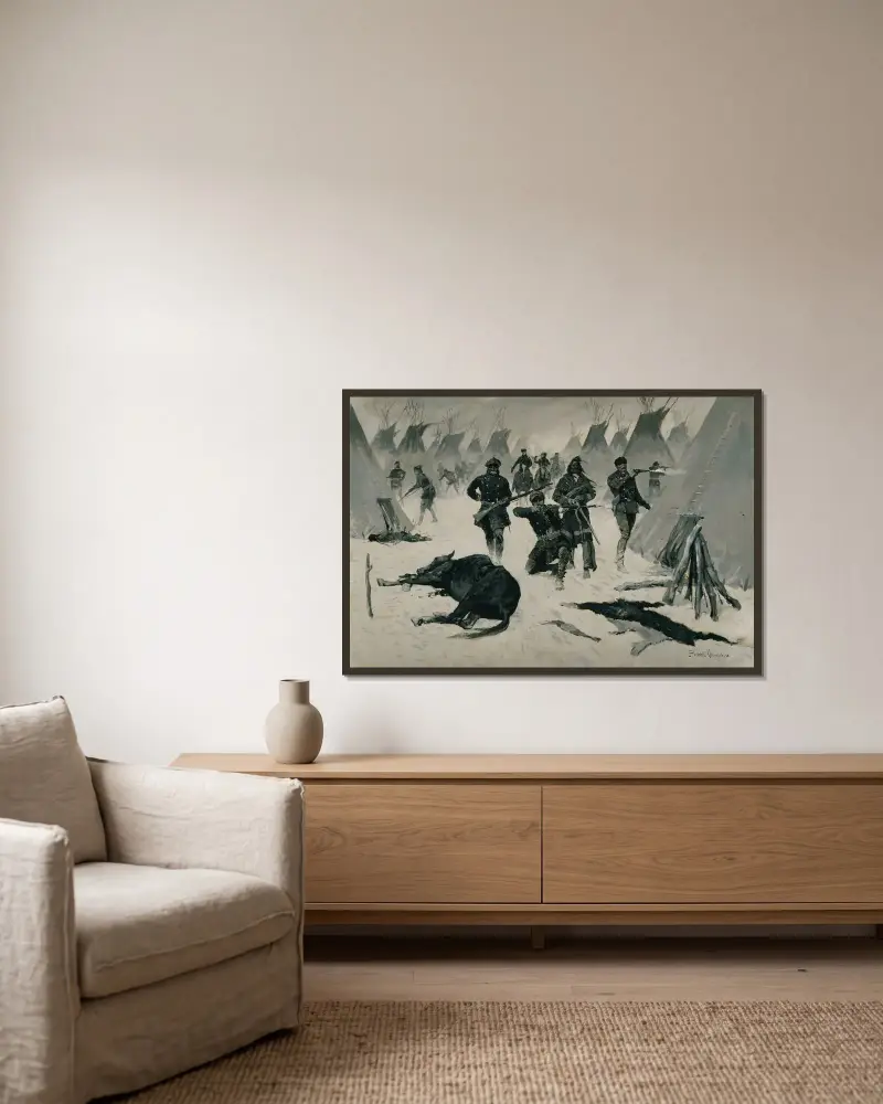 The Defeat of Crazy Horse av Frederic Remington inramad på en vägg