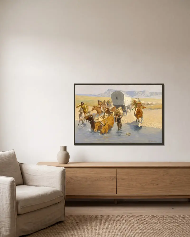 Emigranterna av Frederic Remington inramad på en vägg