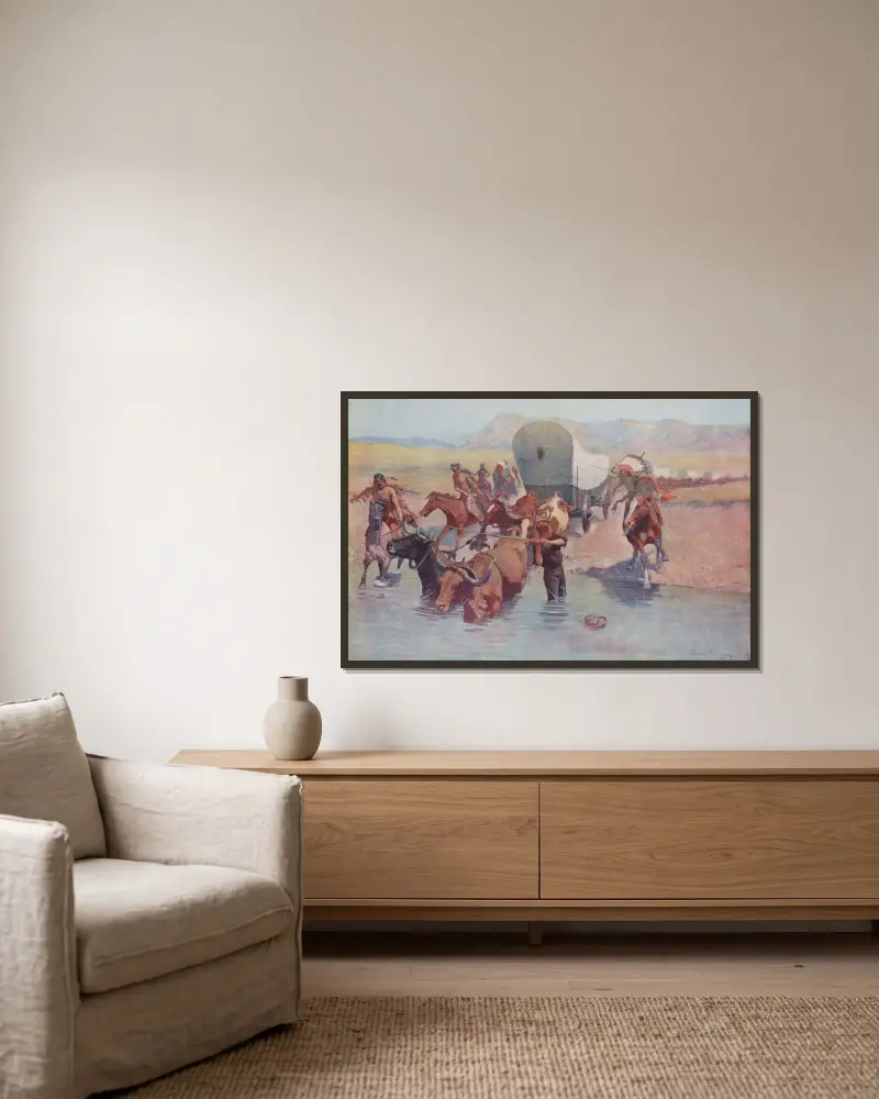 Utvandrarna av Frederic Remington inramad på en vägg