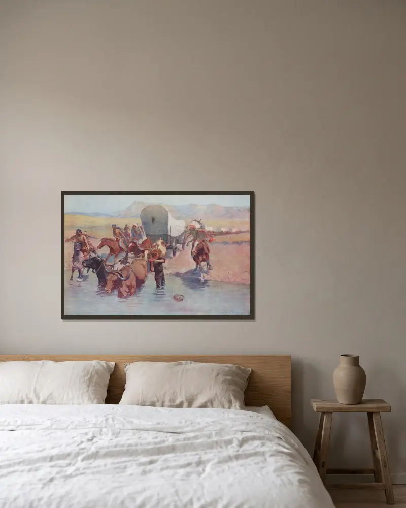 Utvandrarna av Frederic Remington inramad på en vägg