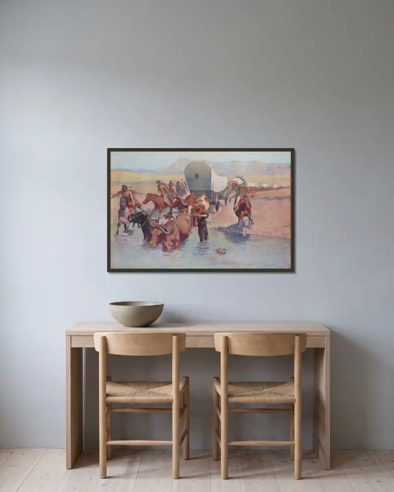 Utvandrarna av Frederic Remington inramad på en vägg