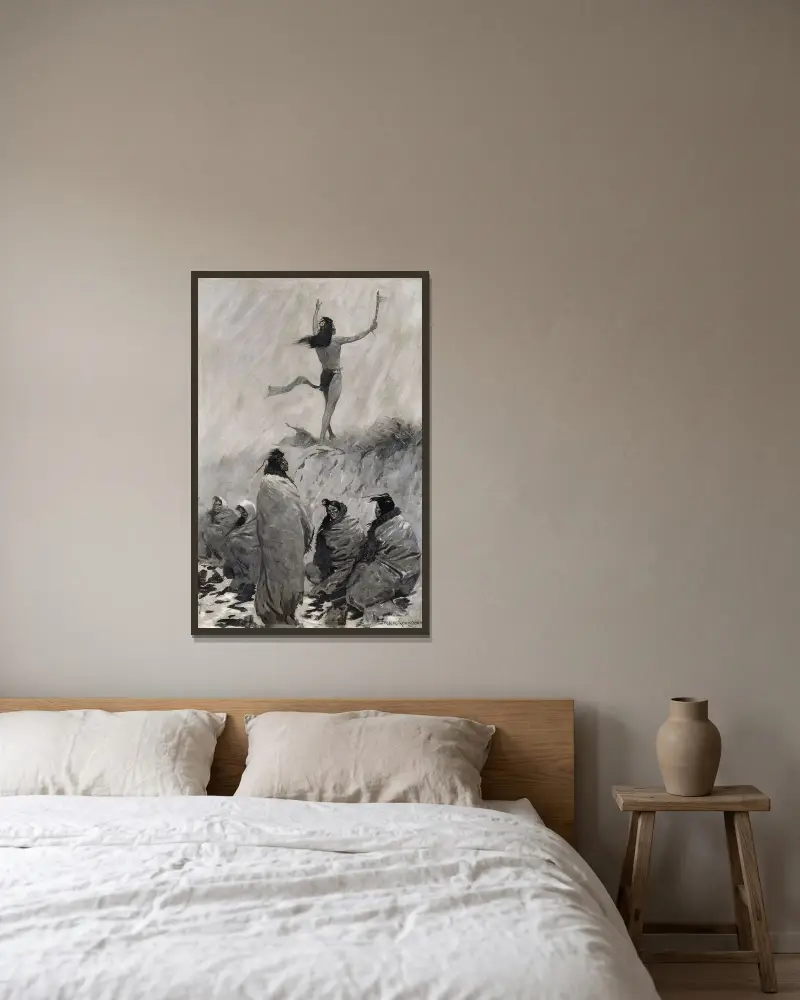 Eldslukaren sträckte armarna mot åskfågeln av Frederic Remington inramad på en vägg