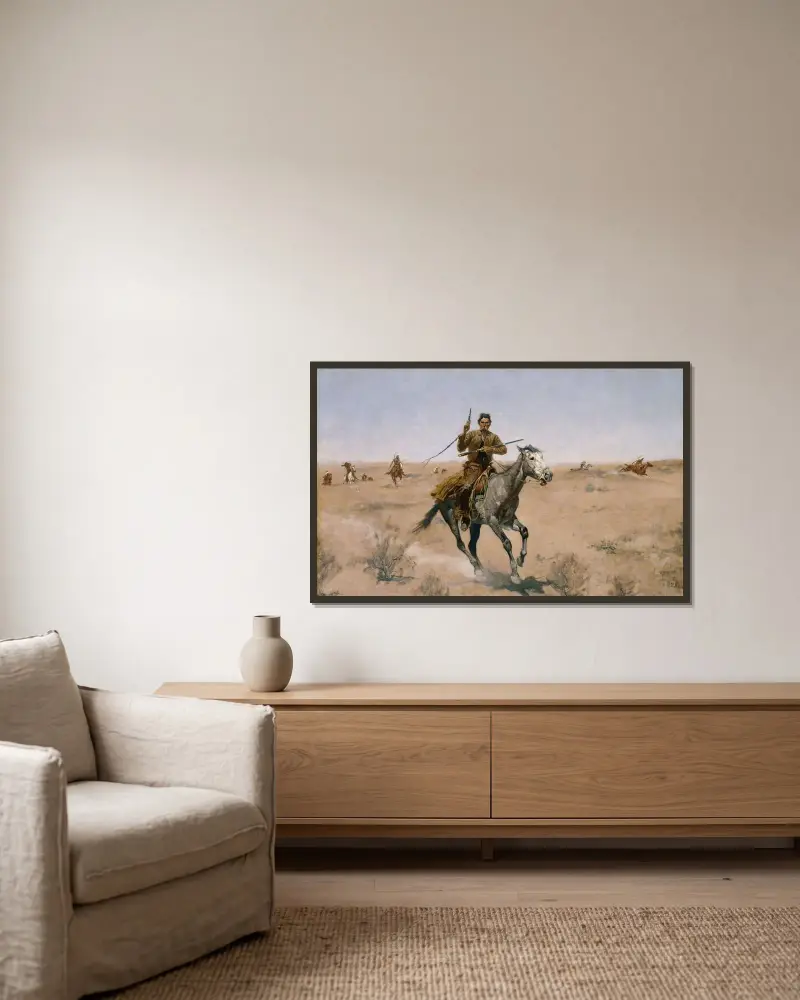 Flykten av Frederic Remington inramad på en vägg