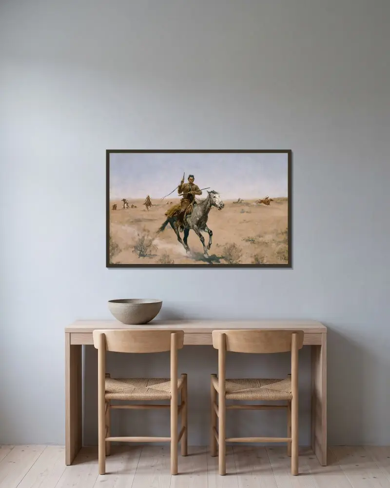 Flykten av Frederic Remington inramad på en vägg