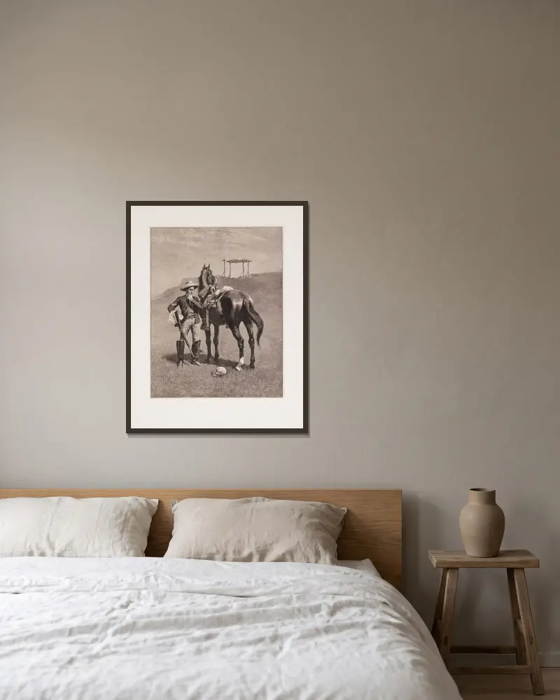 The frontier trooper’s thanatopsis av Frederic Remington inramad på en vägg