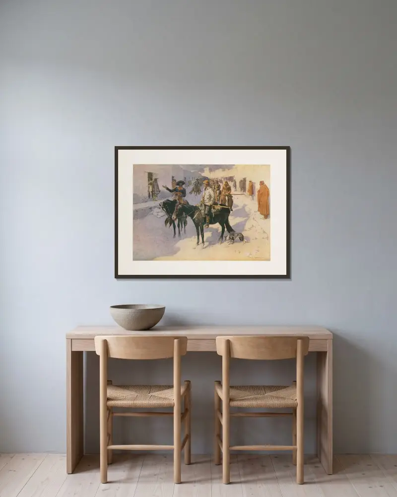 De stora upptäcktsresandena. IX–Zebulon Pike av Frederic Remington inramad på en vägg