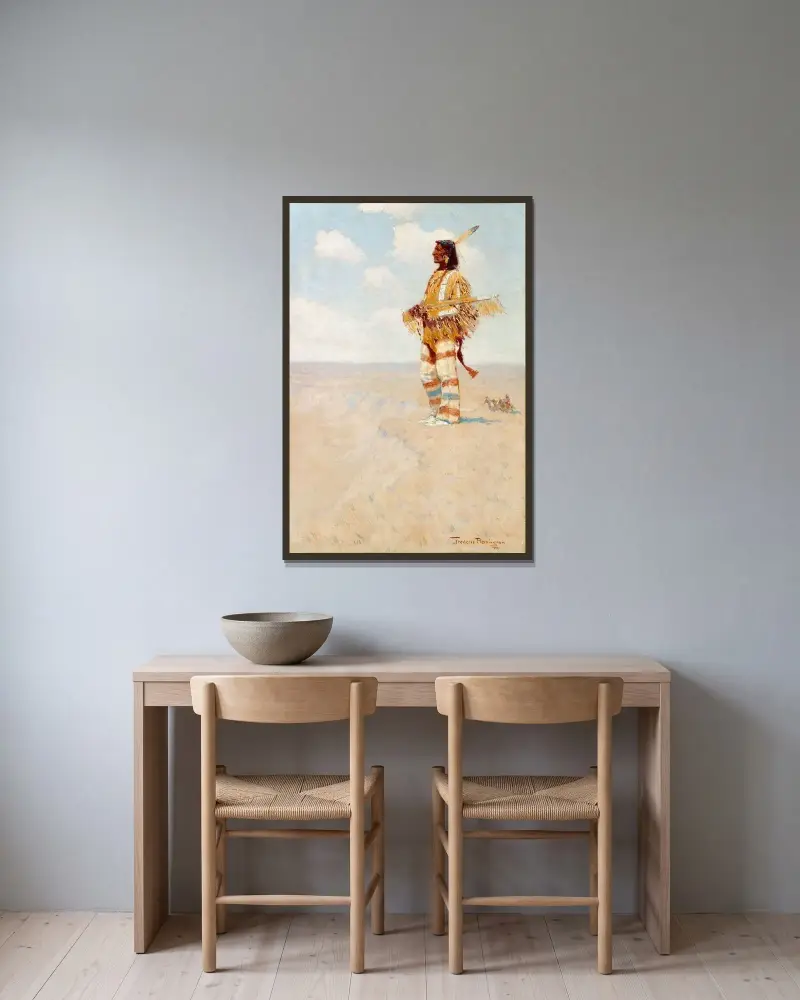 Den siste av sitt slag (Den försvinnande amerikanske indianen) av Frederic Remington inramad på en vägg
