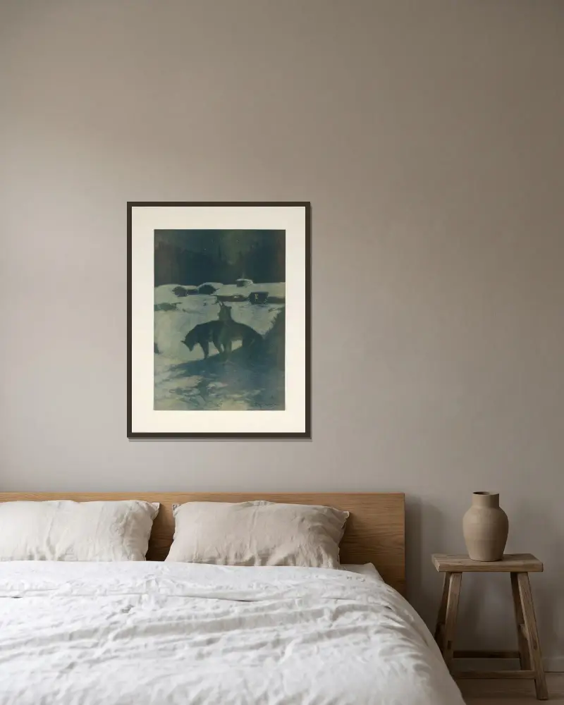 Virkeslägret om natten av Frederic Remington inramad på en vägg
