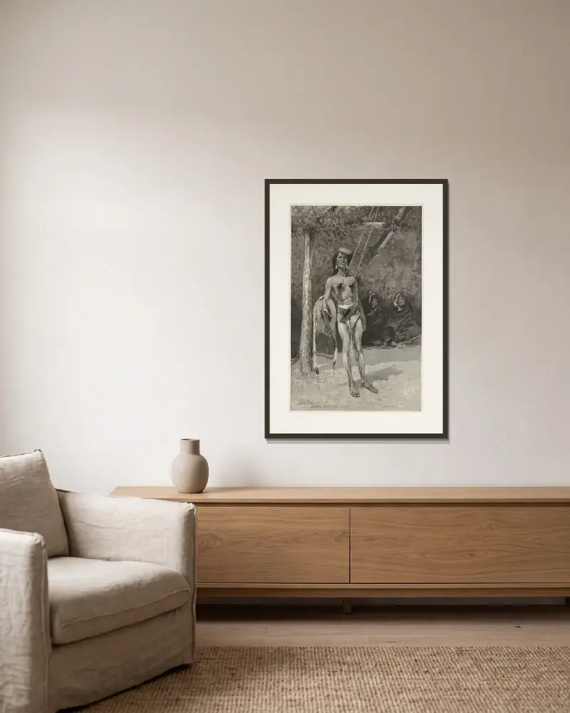 Die Prüfung im Sonnentanz der Blackfeet-Indianer von Frederic Remington gerahmt an einer Wand