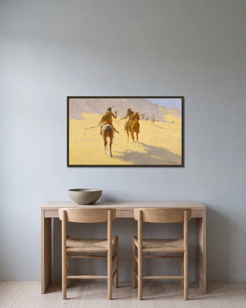 The Parley av Frederic Remington inramad på en vägg