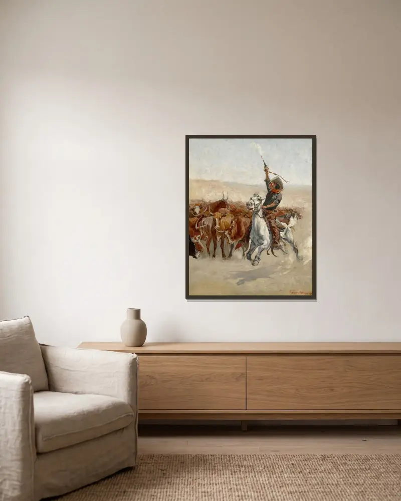 The Round-Up av Frederic Remington inramad på en vägg