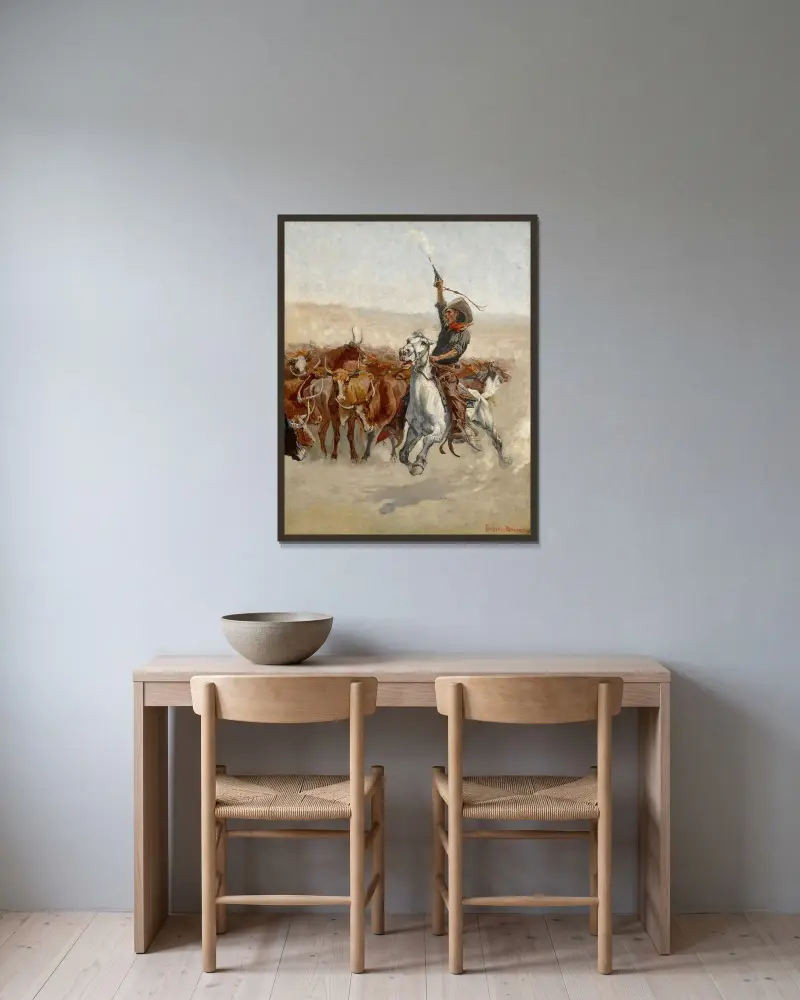 The Round-Up av Frederic Remington inramad på en vägg