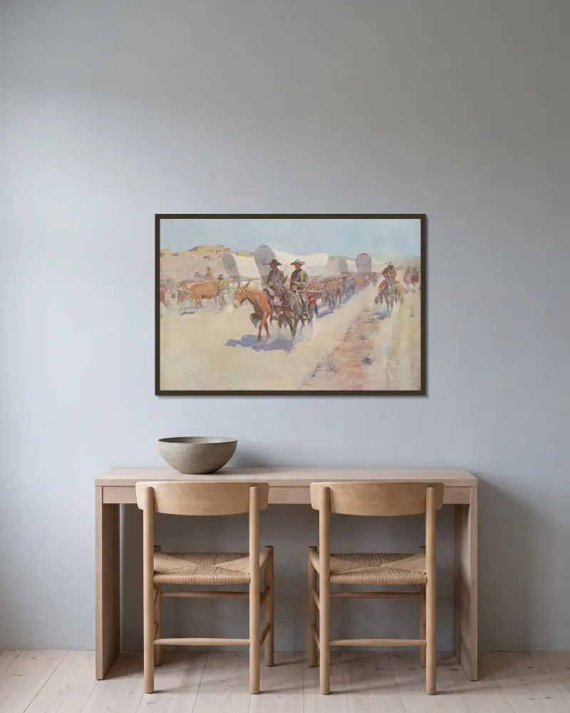 The Santa Fe trade av Frederic Remington inramad på en vägg