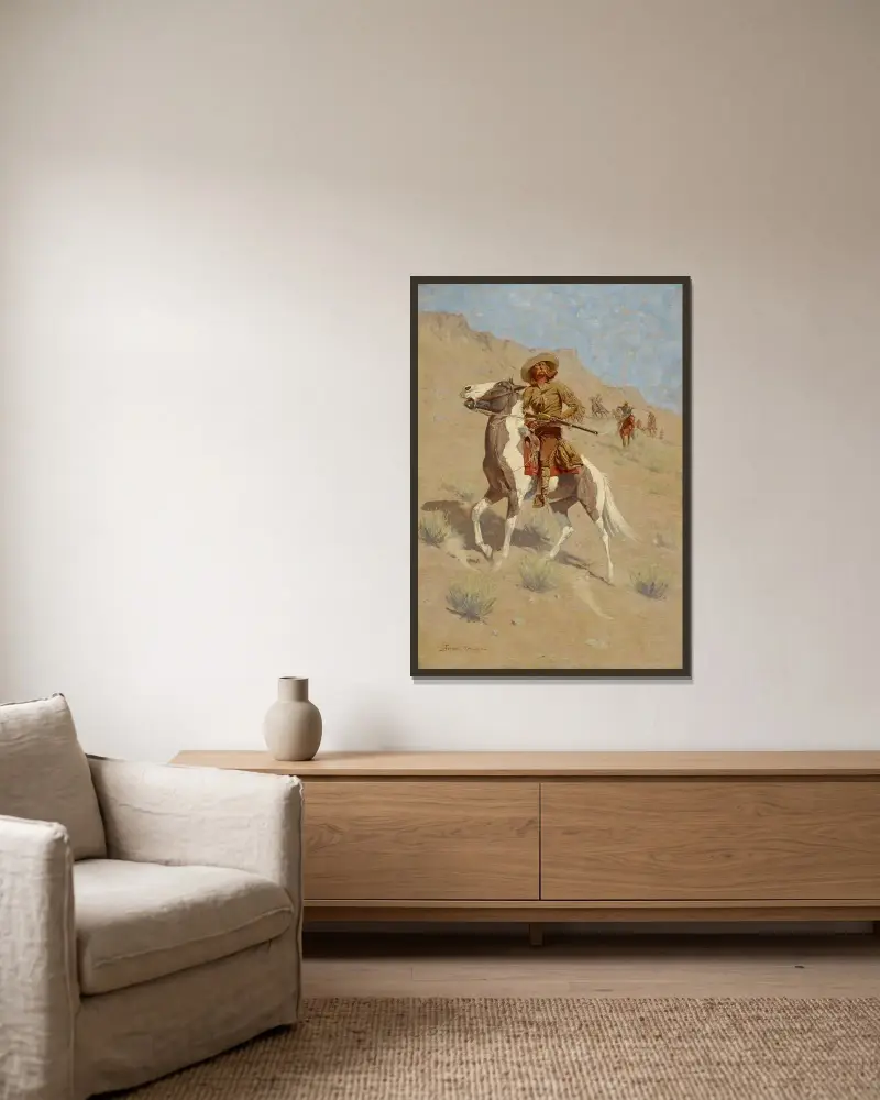 Spejaren av Frederic Remington inramad på en vägg