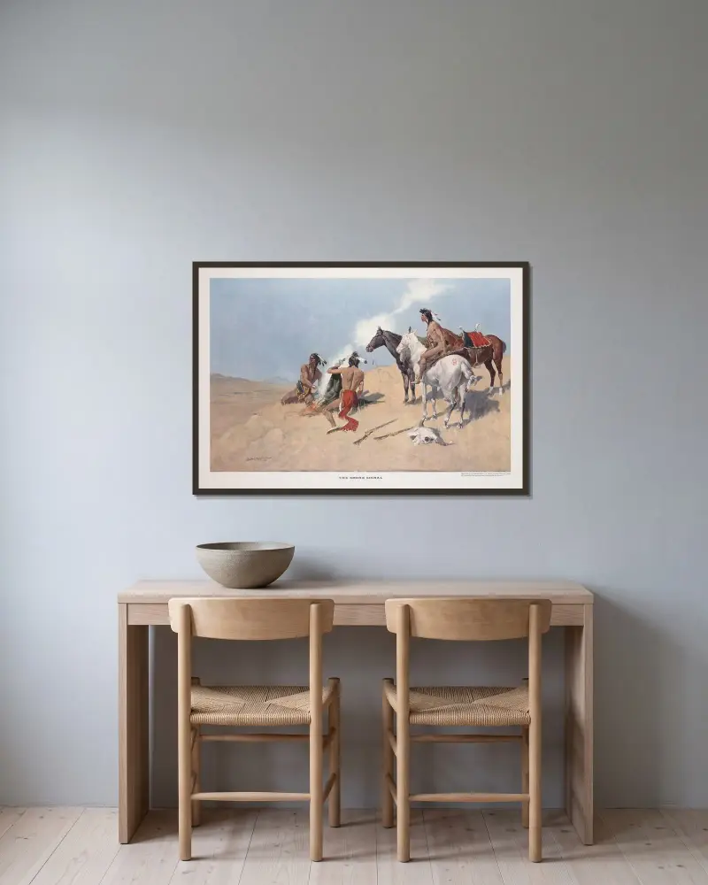 Röksignalen av Frederic Remington inramad på en vägg