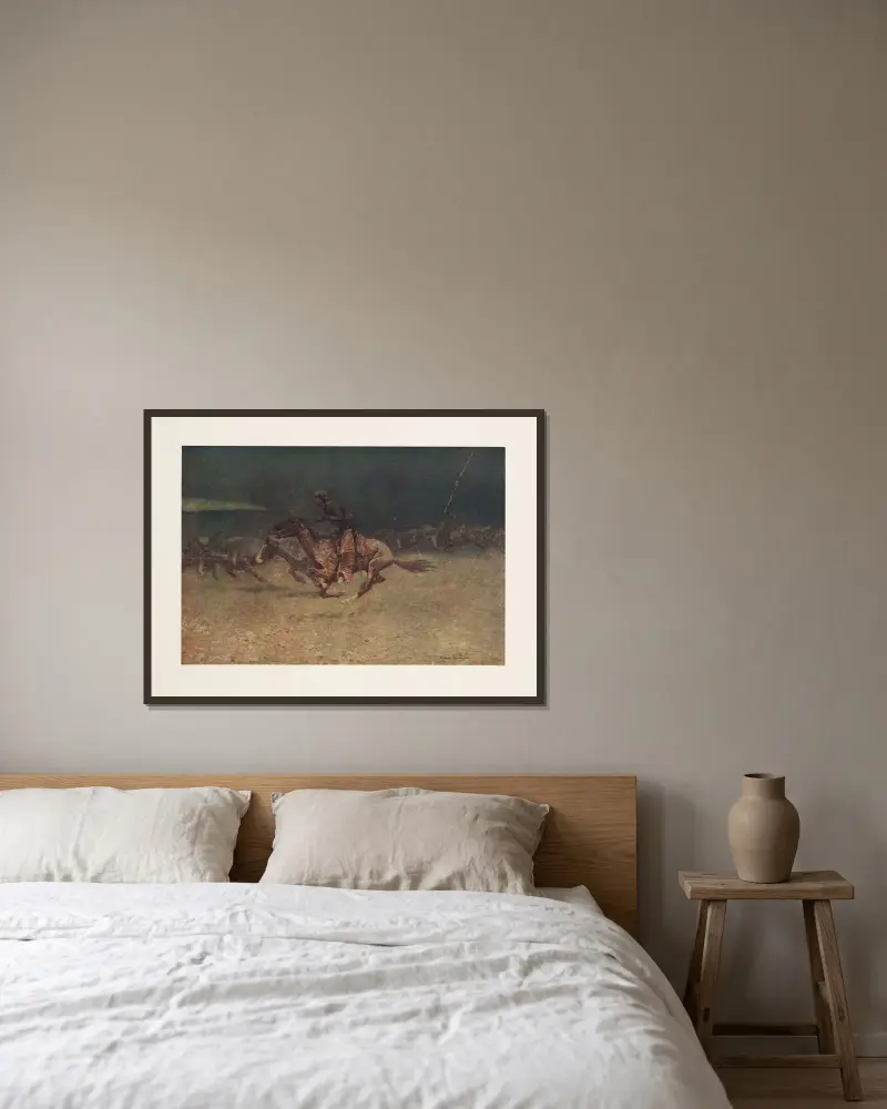 Skräcken genom blixten av Frederic Remington inramad på en vägg