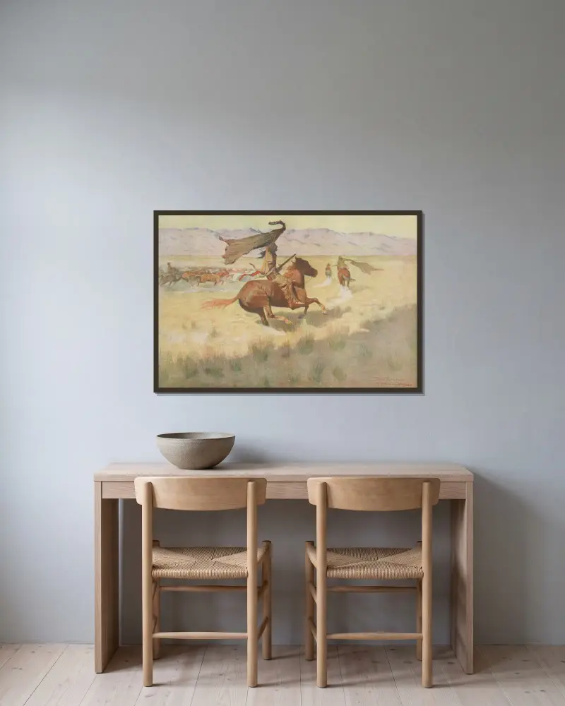 The stampede av Frederic Remington inramad på en vägg