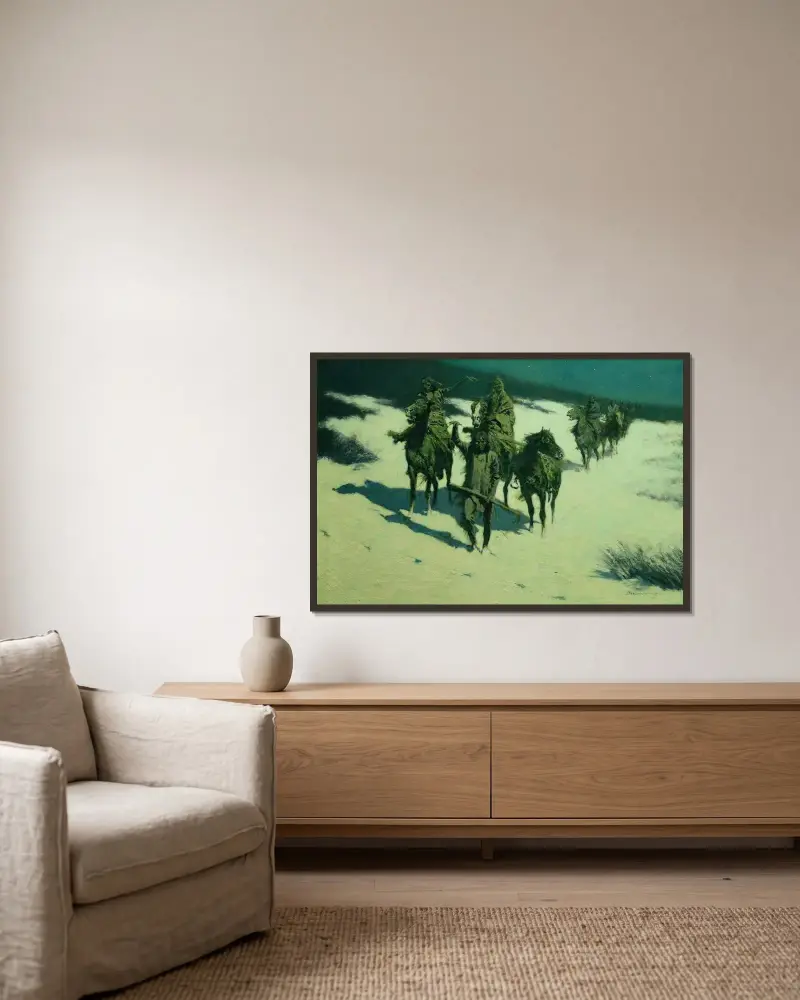 Spåret av den skodda hästen av Frederic Remington inramad på en vägg