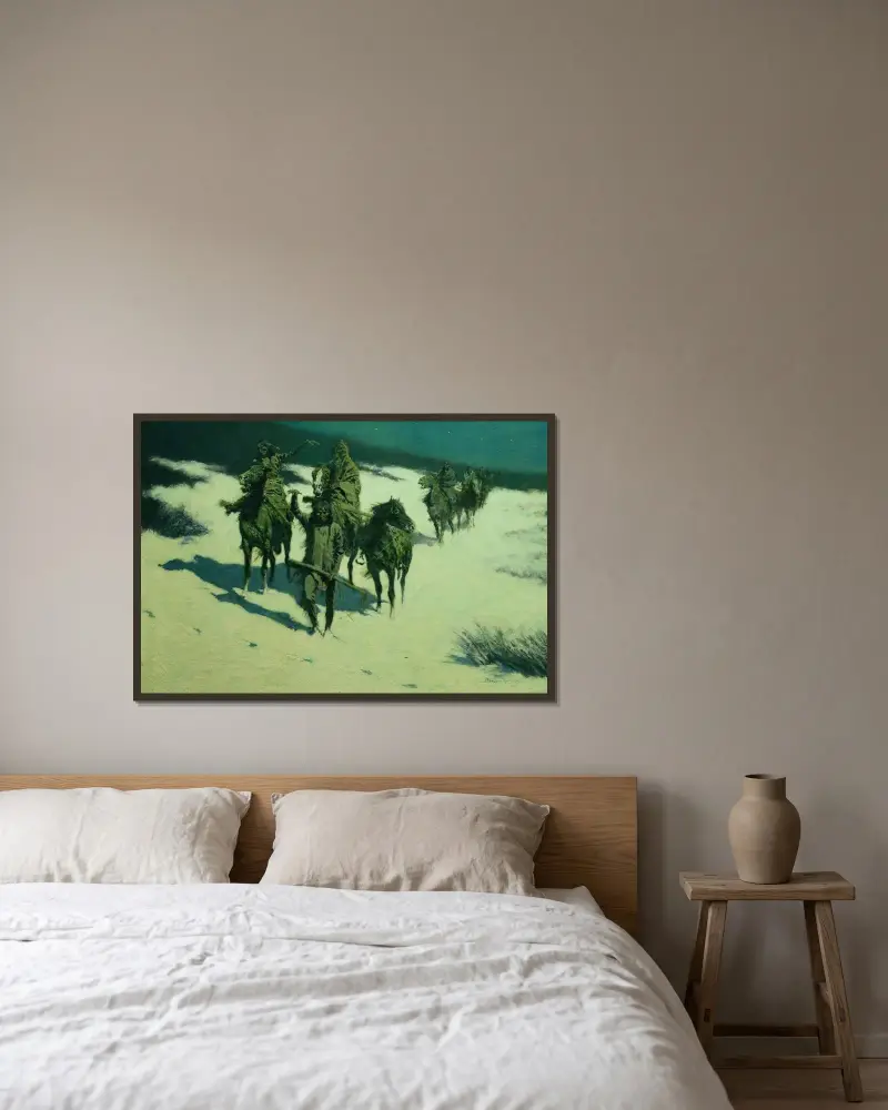 Spåret av den skodda hästen av Frederic Remington inramad på en vägg