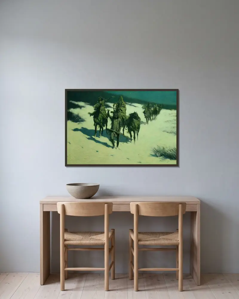 Spåret av den skodda hästen av Frederic Remington inramad på en vägg
