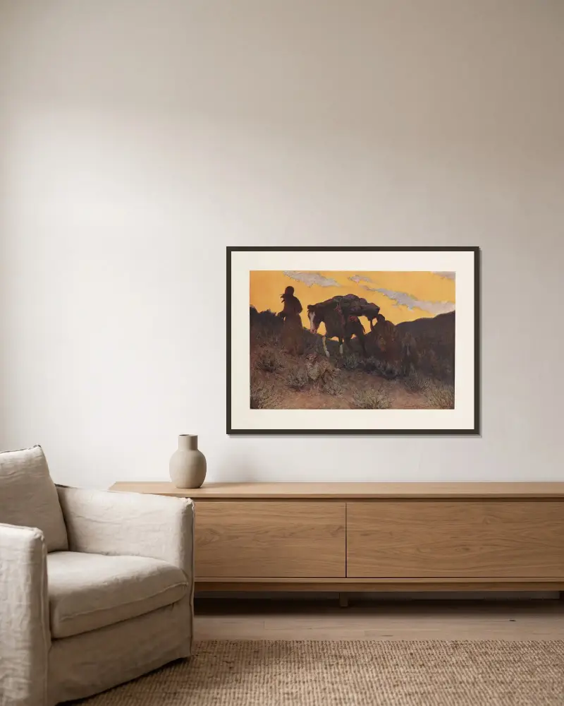 Krigarens sista ritt av Frederic Remington inramad på en vägg