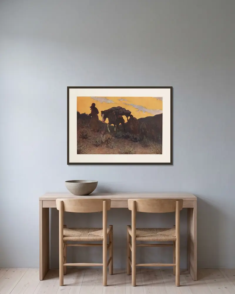 Krigarens sista ritt av Frederic Remington inramad på en vägg