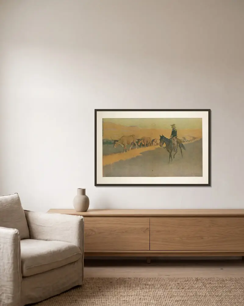 Viehherde in Texas von Frederic Remington gerahmt an einer Wand