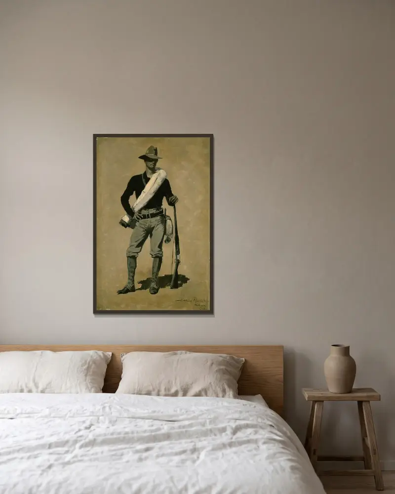 Amerikansk soldat, spansk-amerikanska kriget av Frederic Remington inramad på en vägg