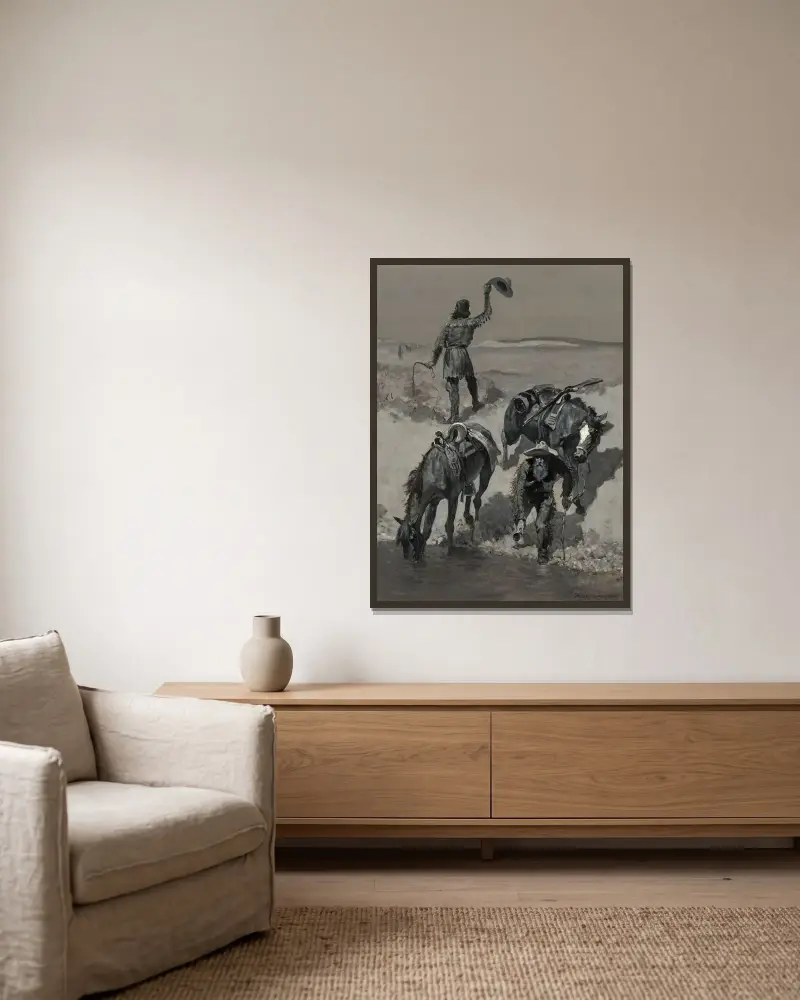 Water! av Frederic Remington inramad på en vägg