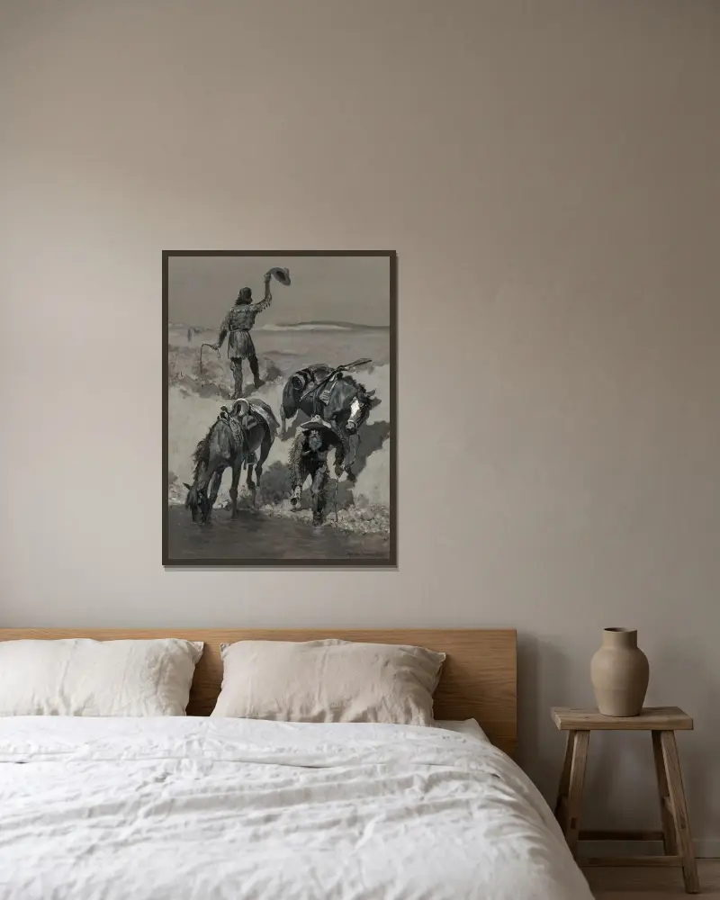 Water! av Frederic Remington inramad på en vägg