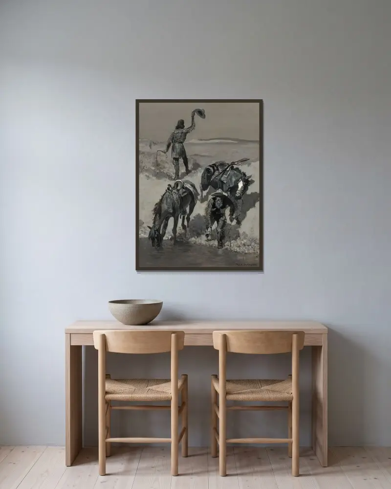 Water! av Frederic Remington inramad på en vägg